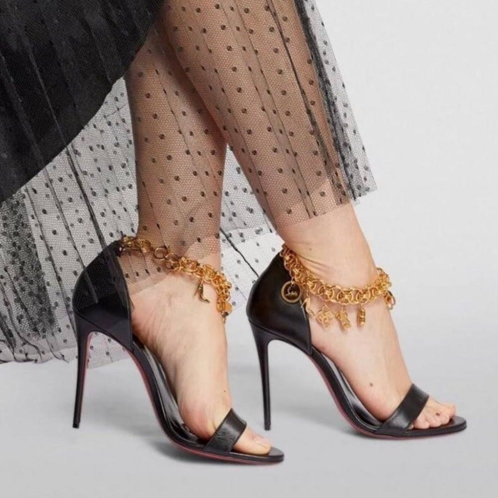 NWB Christian Louboutin Black Leather Open Toe Gold Charm Ankle Strap Sandals